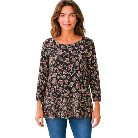 J Jill Pullover Top M Black Floral Peplum 3/4 Sleeves Purple Green White Tunic - Picture 3 of 10